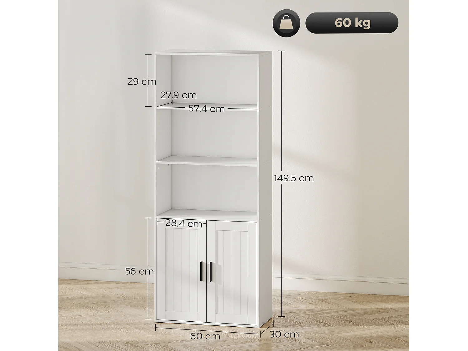 Libreria con ripiani aperti e armadietto 2 ante con mensola bianco