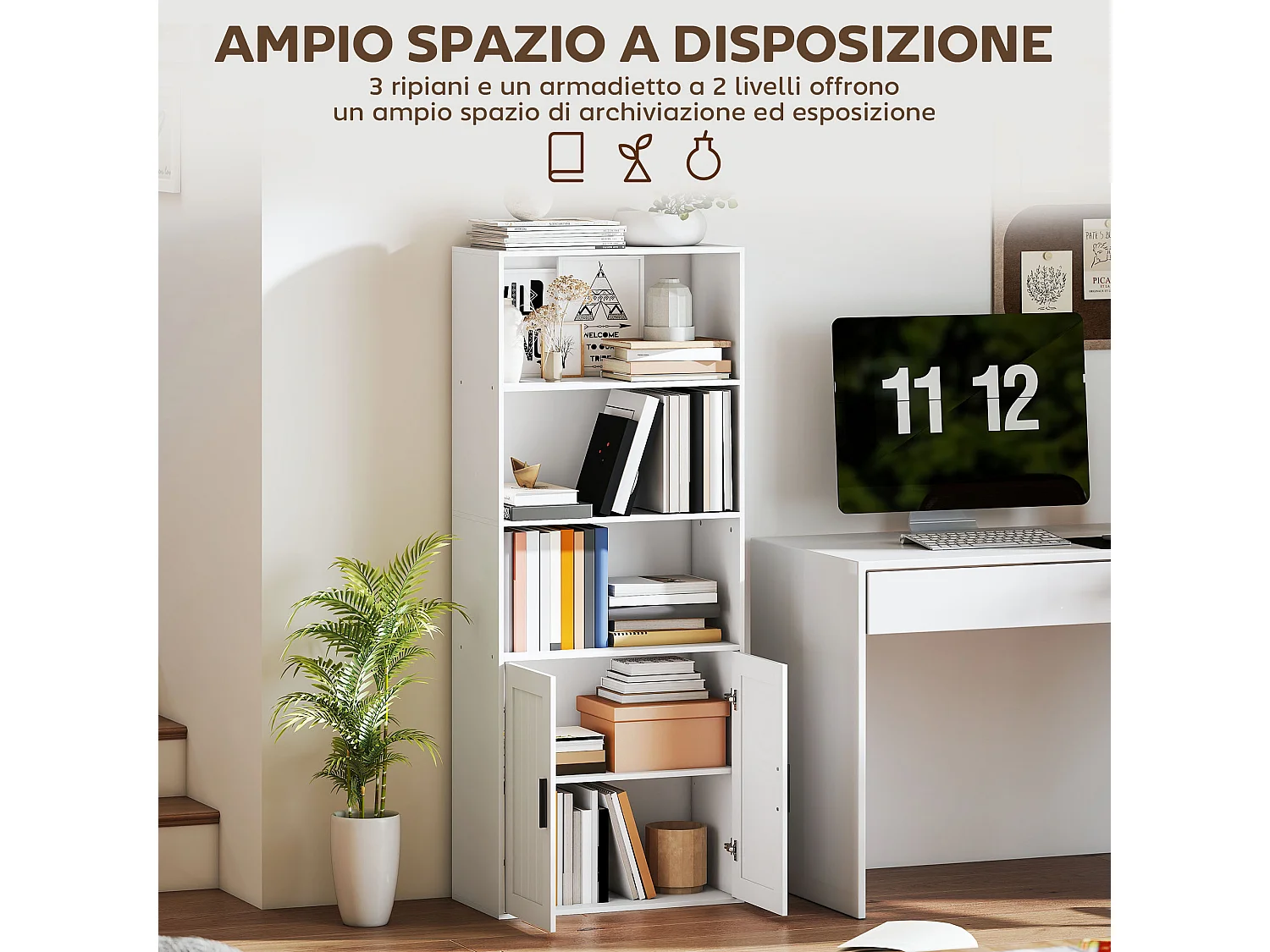 Libreria con ripiani aperti e armadietto 2 ante con mensola bianco