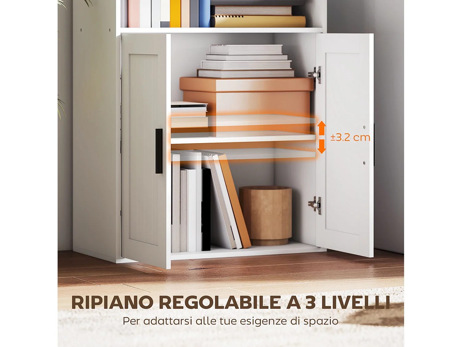 Libreria con ripiani aperti e armadietto 2 ante con mensola bianco