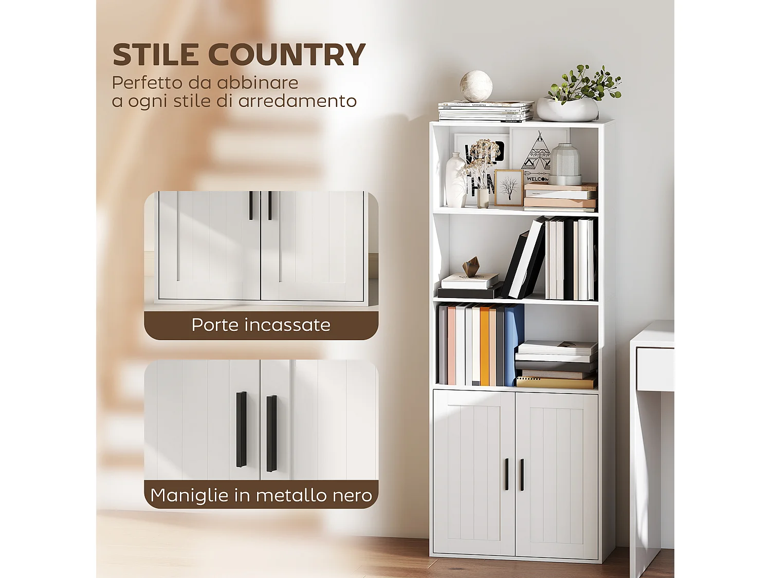 Libreria con ripiani aperti e armadietto 2 ante con mensola bianco