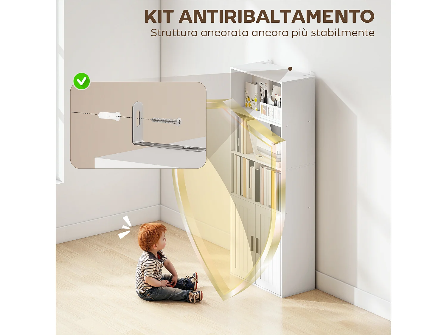 Libreria con ripiani aperti e armadietto 2 ante con mensola bianco