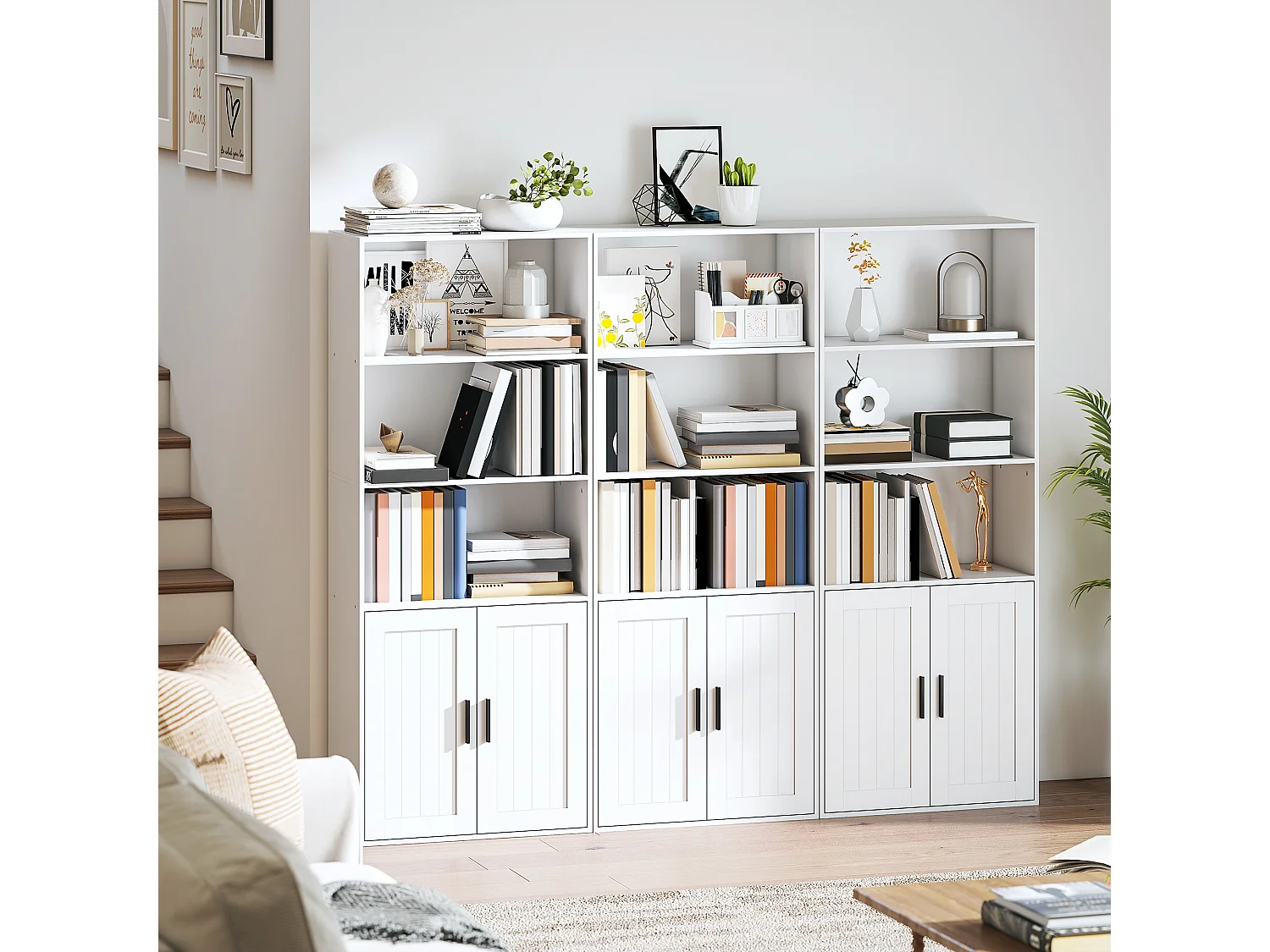 Libreria con ripiani aperti e armadietto 2 ante con mensola bianco