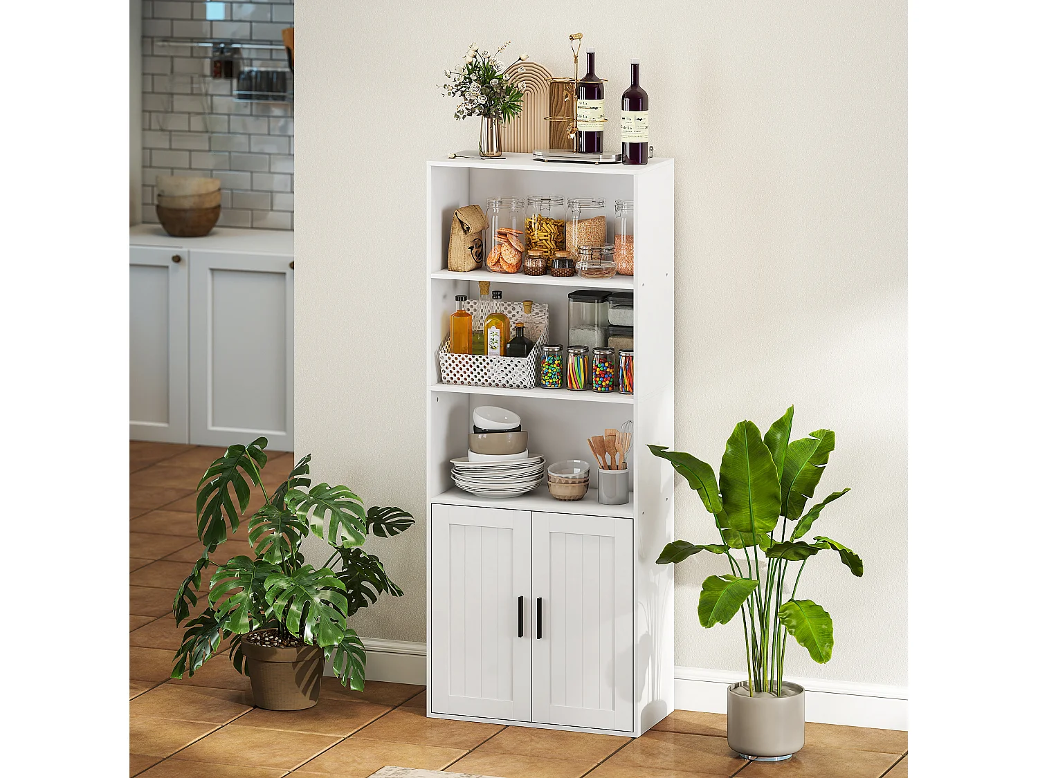 Libreria con ripiani aperti e armadietto 2 ante con mensola bianco