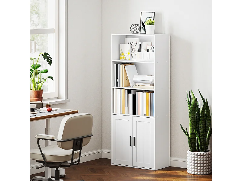 Libreria con ripiani aperti e armadietto 2 ante con mensola bianco