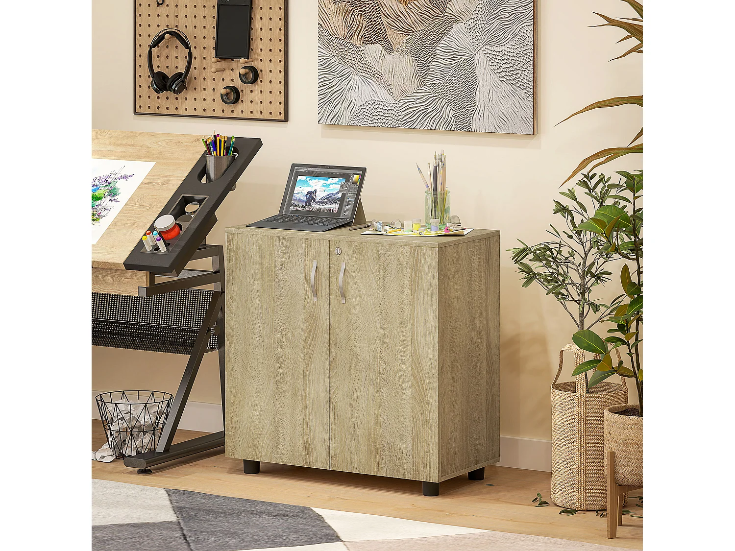 Mobile ufficio con 2 ante mensola e serratura in legno rovere