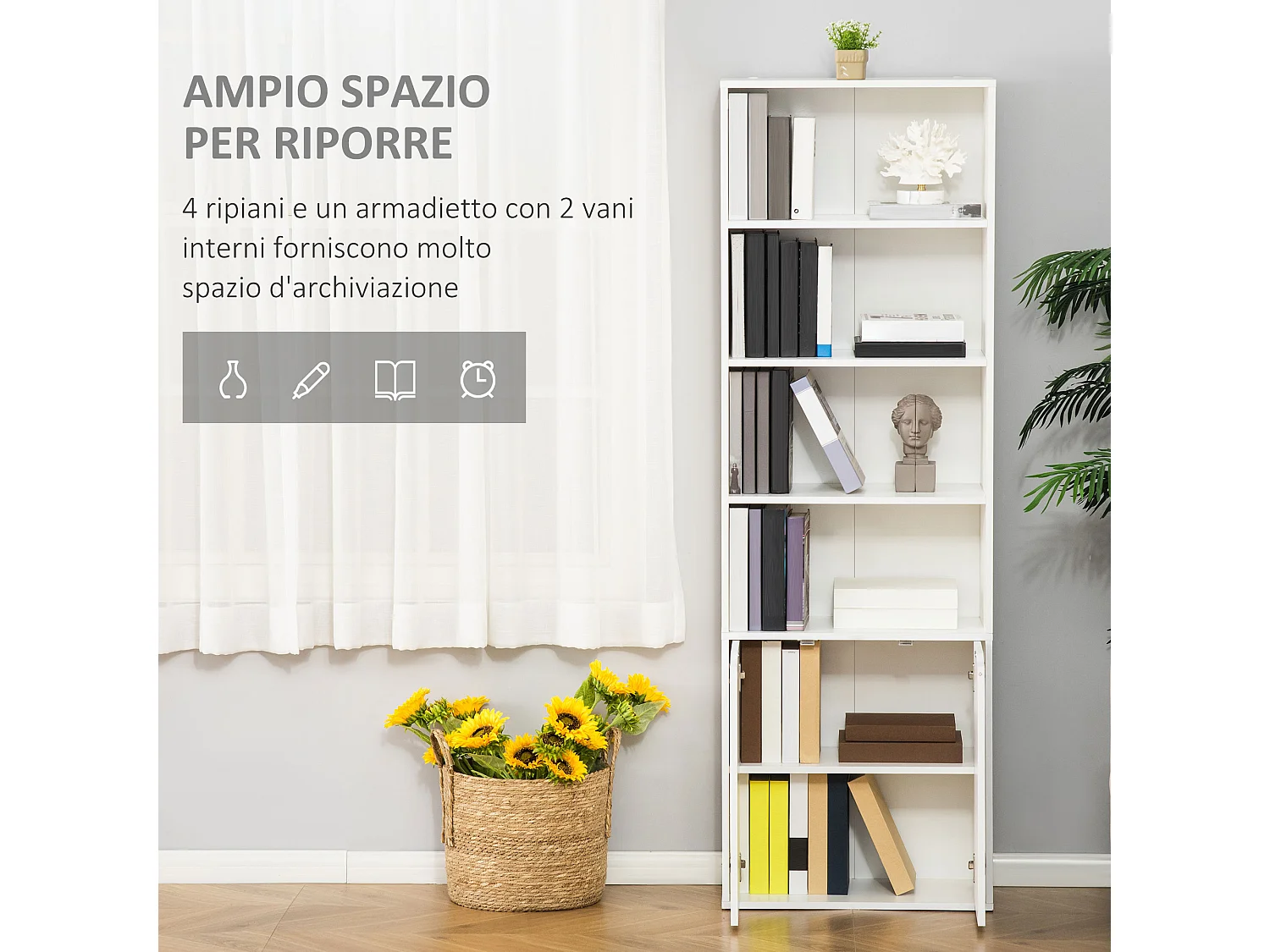 Libreria 4 ripiani con armadietto a 2 ante salvaspazio in legno