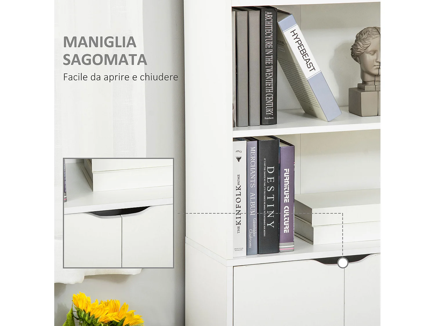 Libreria 4 ripiani con armadietto a 2 ante salvaspazio in legno