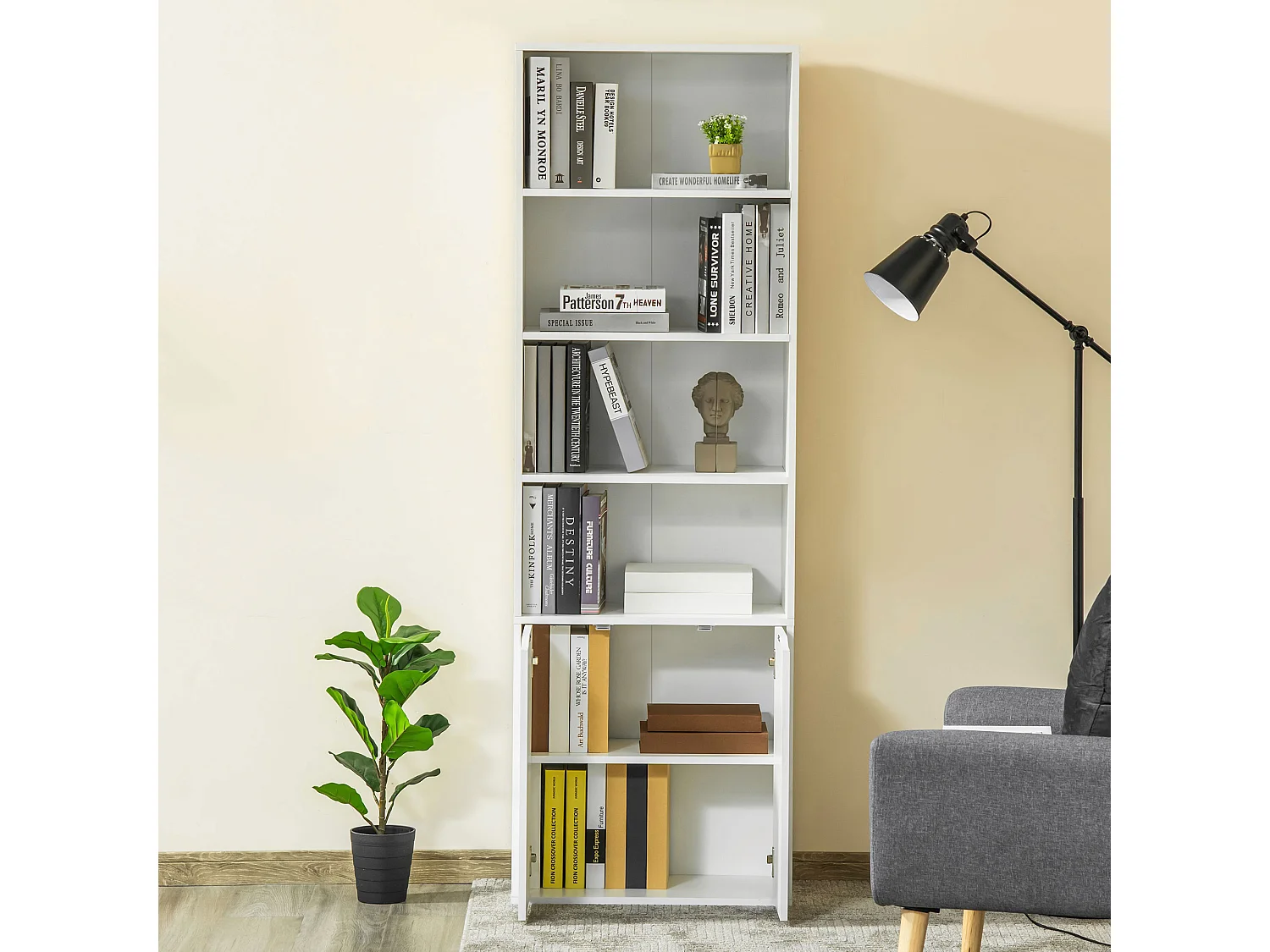 Libreria 4 ripiani con armadietto a 2 ante salvaspazio in legno