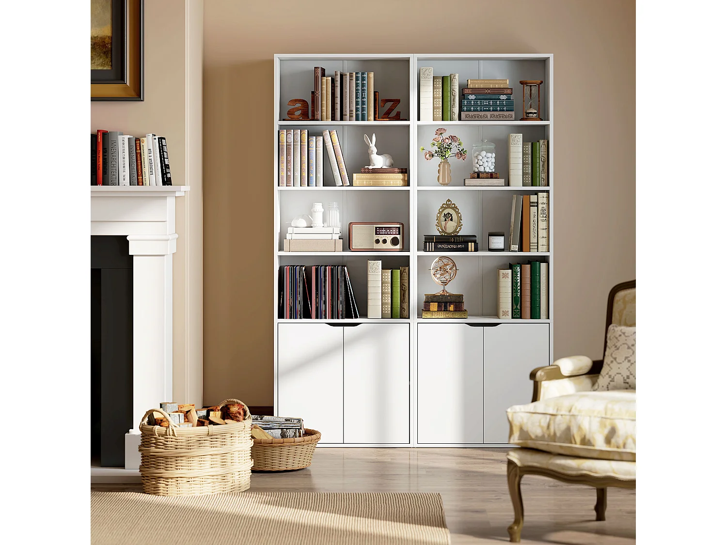 Libreria 4 ripiani con armadietto a 2 ante salvaspazio in legno