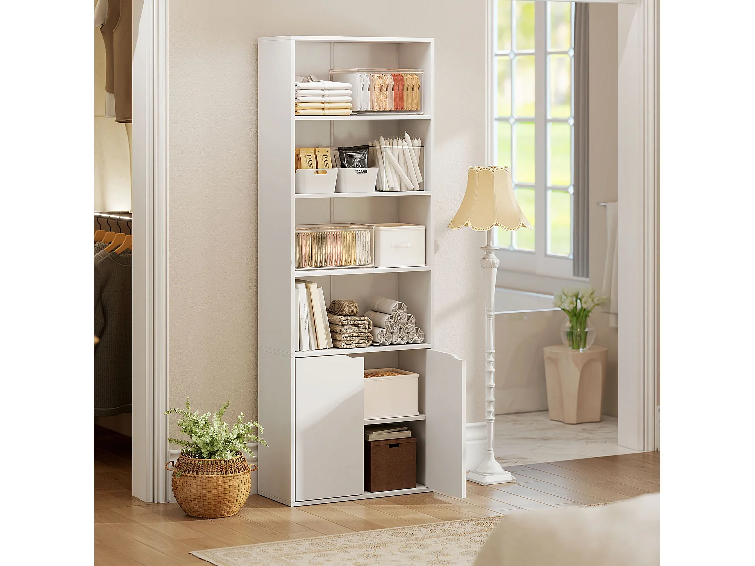 Libreria 4 ripiani con armadietto a 2 ante salvaspazio in legno