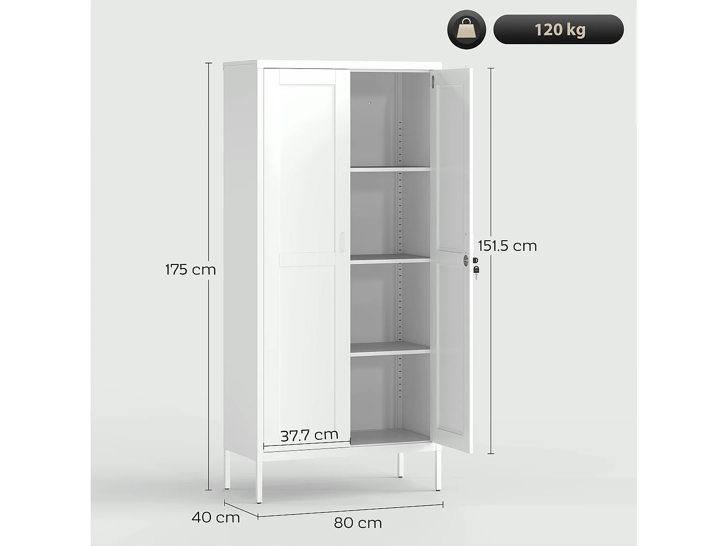 Armadio ufficio a 3 ripiani regolabili in acciaio 80x40x175 cm bianco