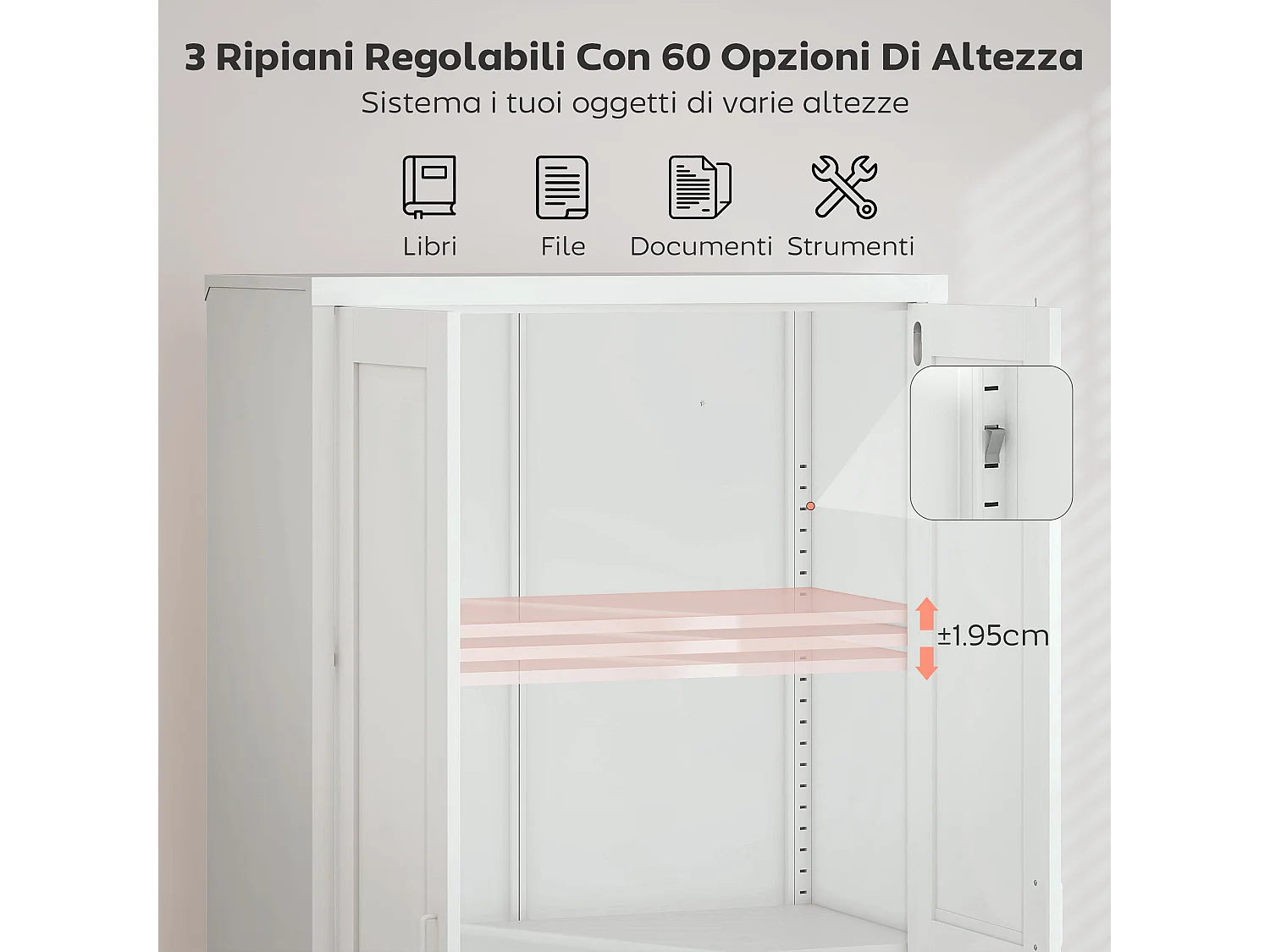 Armadio ufficio a 3 ripiani regolabili in acciaio 80x40x175 cm bianco