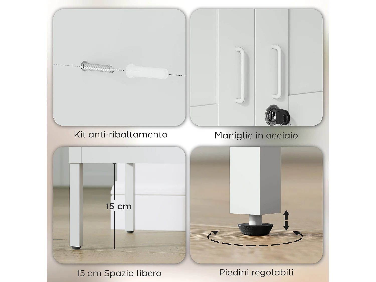 Armadio ufficio a 3 ripiani regolabili in acciaio 80x40x175 cm bianco