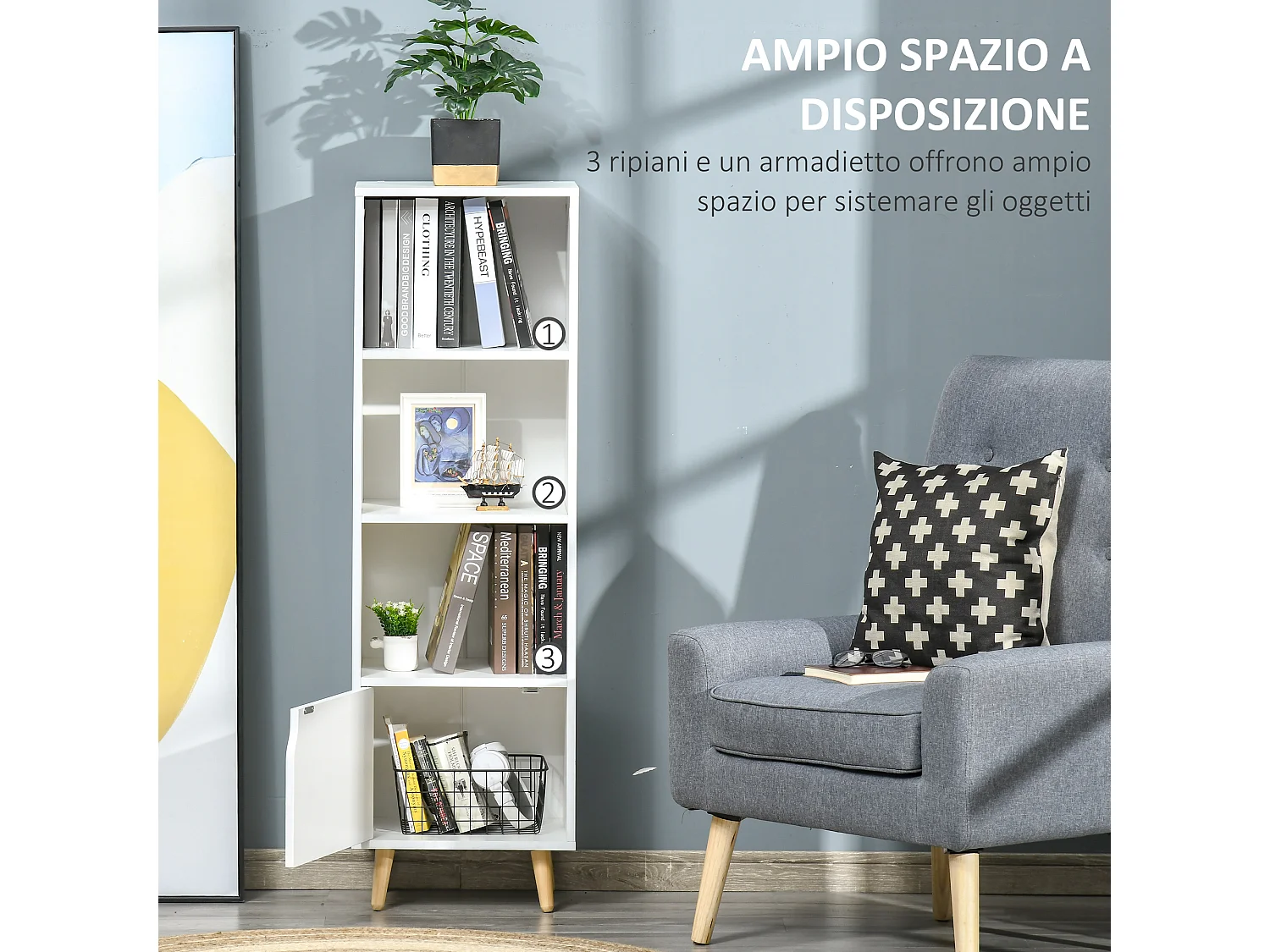 Armadietto libreria con 3 ripiani in legno 40x30x129.5cm bianco