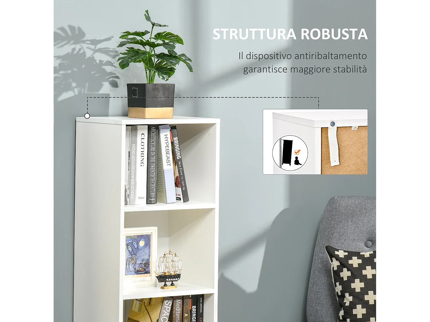 Armadietto libreria con 3 ripiani in legno 40x30x129.5cm bianco