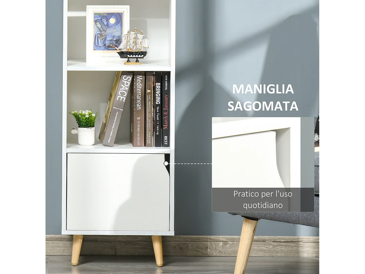 Armadietto libreria con 3 ripiani in legno 40x30x129.5cm bianco