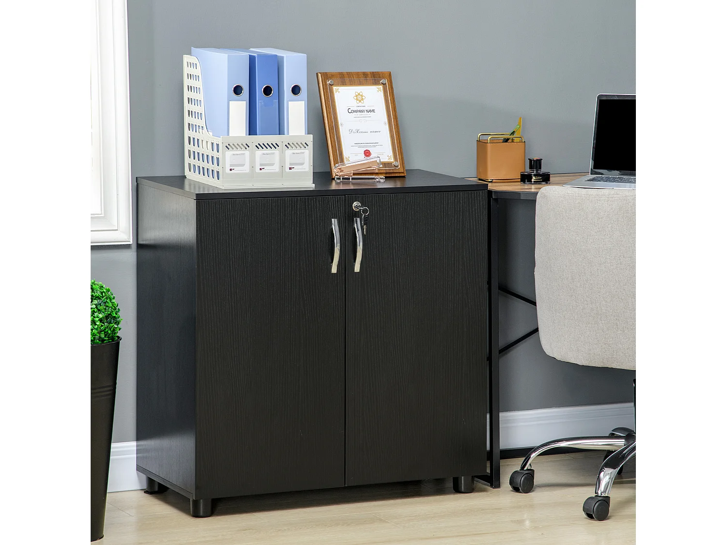 Mobile ufficio con 2 ante mensola e serratura in legno nero