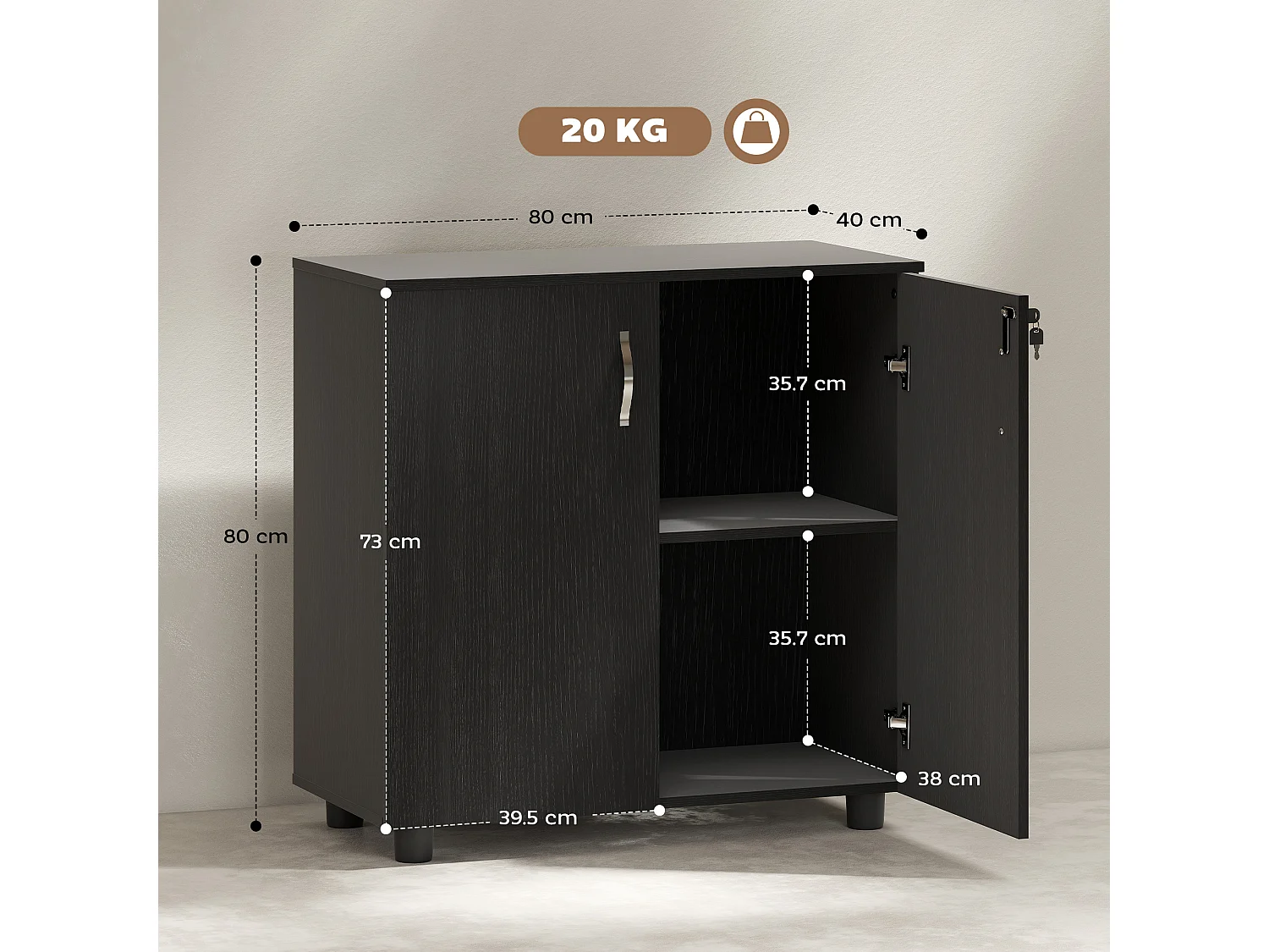 Mobile ufficio con 2 ante mensola e serratura in legno nero