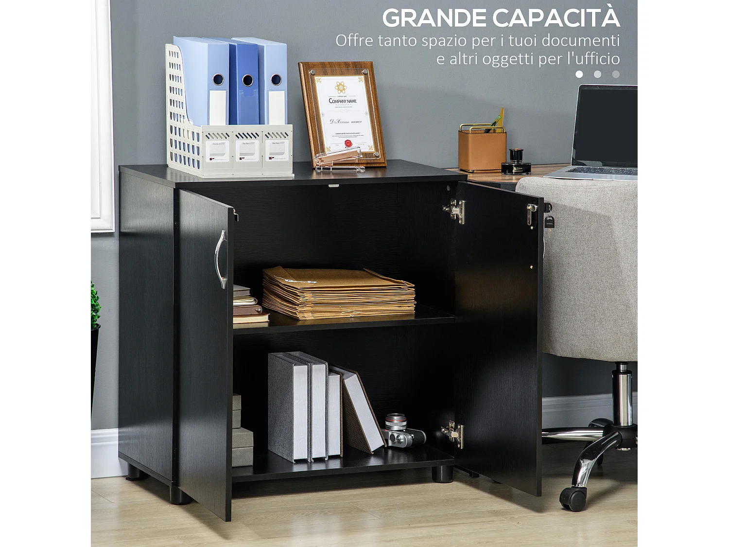 Mobile ufficio con 2 ante mensola e serratura in legno nero