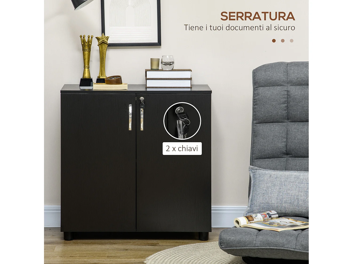 Mobile ufficio con 2 ante mensola e serratura in legno nero