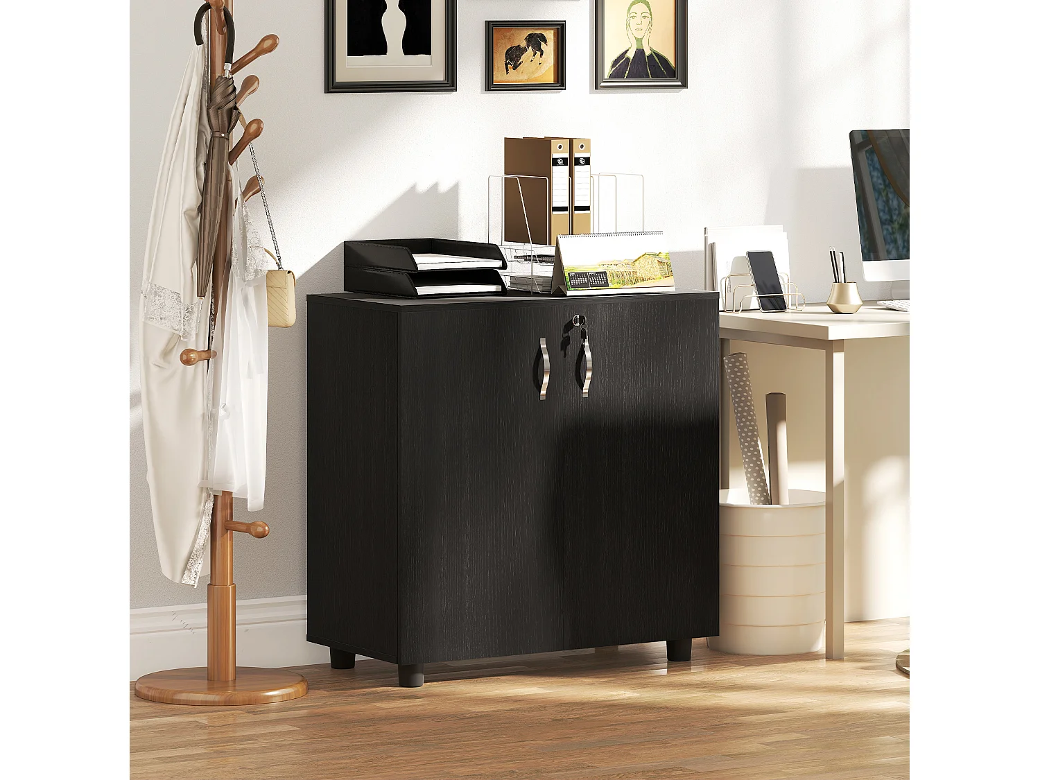 Mobile ufficio con 2 ante mensola e serratura in legno nero