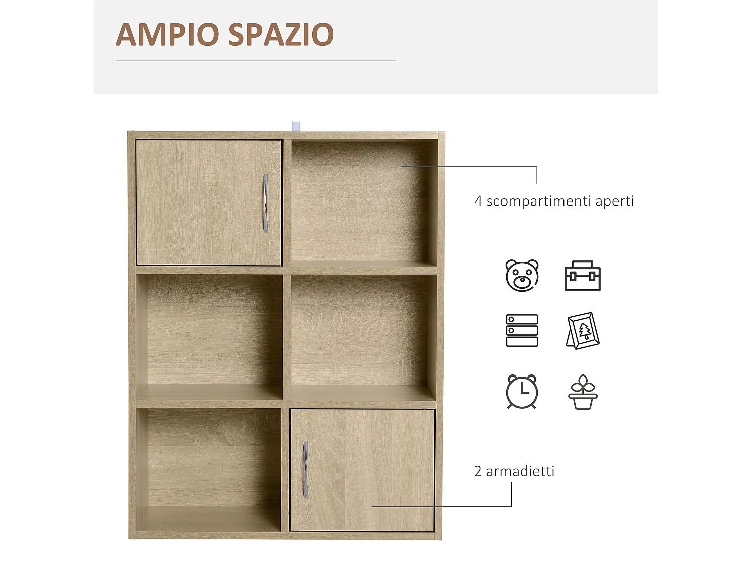 Mobile libreria con 3 ripiani e 4 scomparti in legno