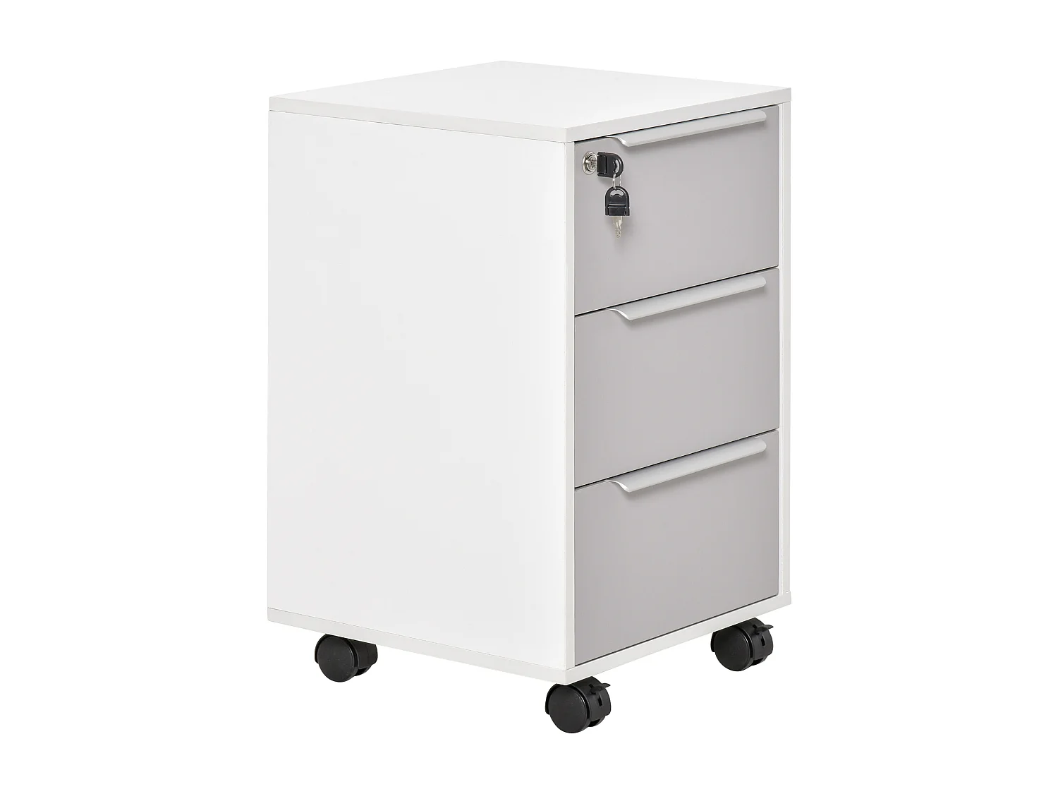 Schedario per ufficio a 3 cassetti con chiavi e 4 ruote bianco grigio