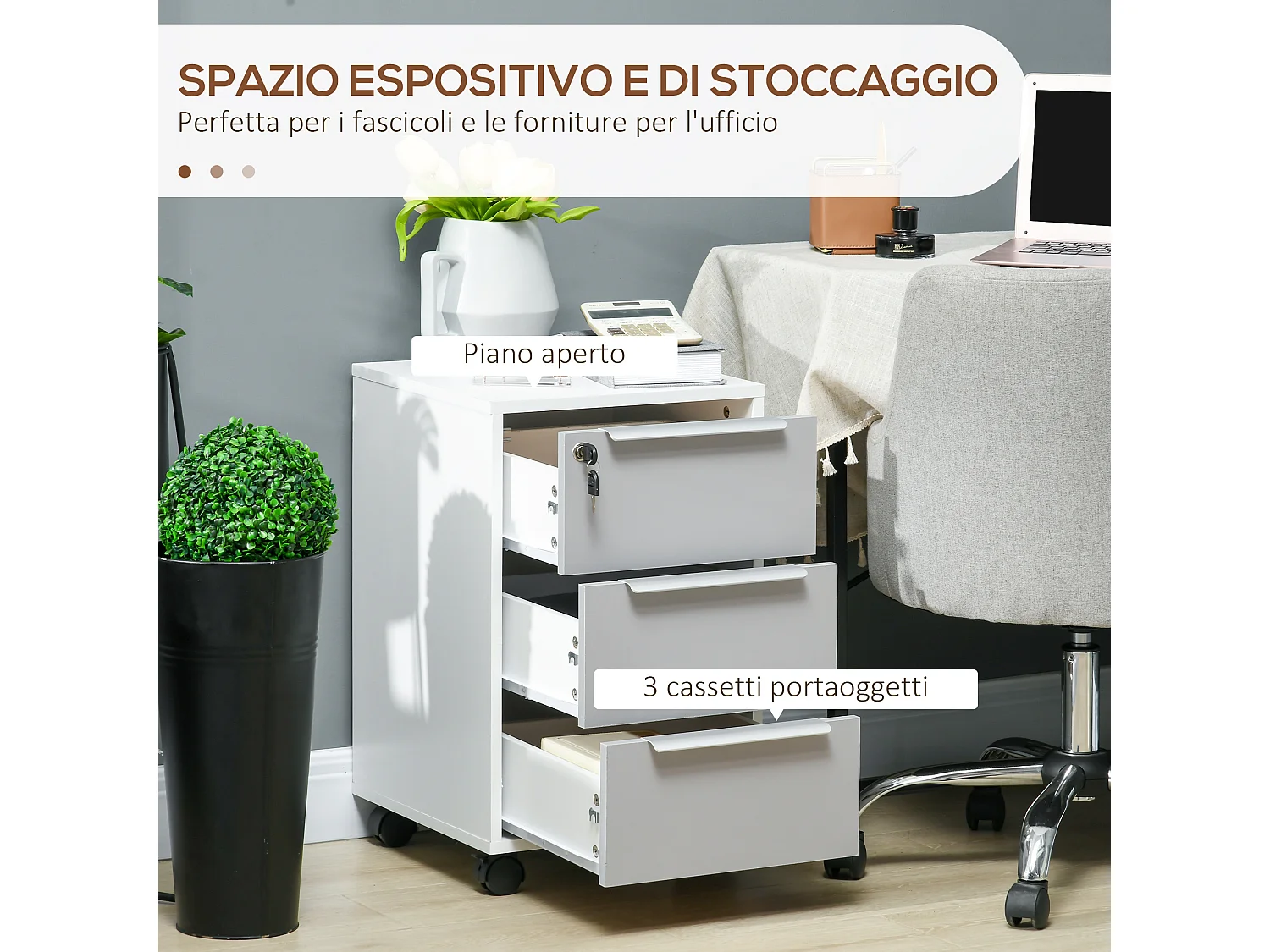 Schedario per ufficio a 3 cassetti con chiavi e 4 ruote bianco grigio