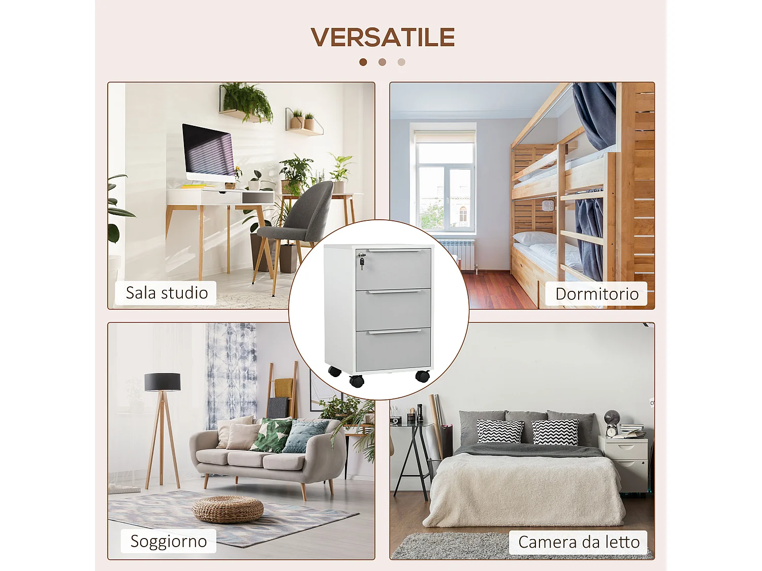 Schedario per ufficio a 3 cassetti con chiavi e 4 ruote bianco grigio