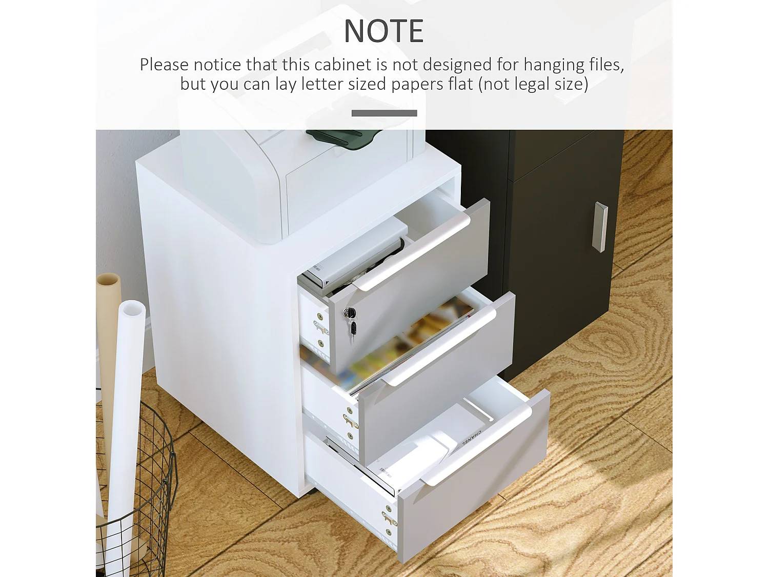 Schedario per ufficio a 3 cassetti con chiavi e 4 ruote bianco grigio