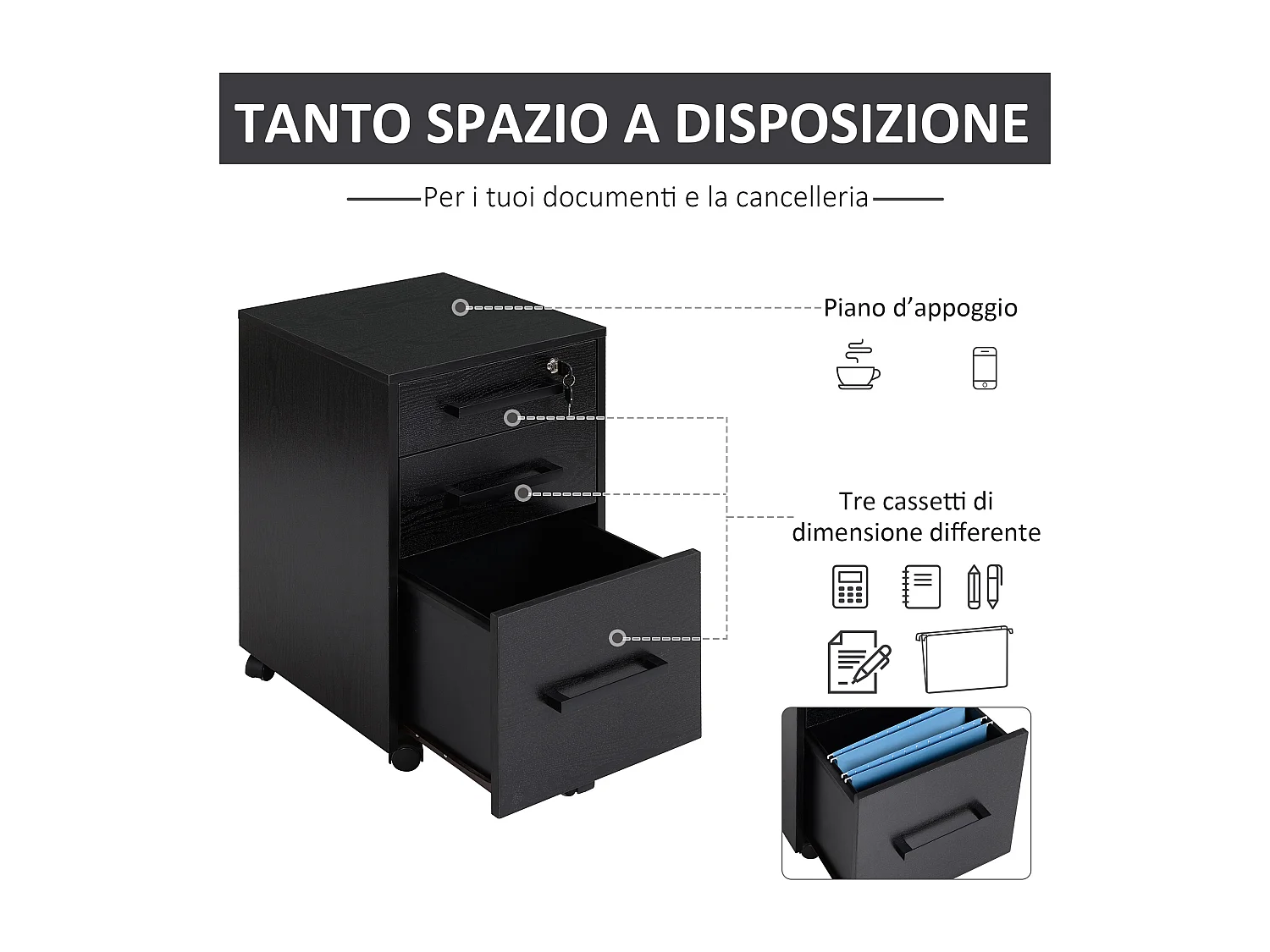 Cassettiera portadocumenti da ufficio a 3 cassetti con serratura nera