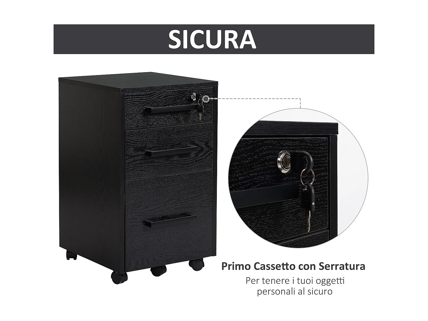 Cassettiera portadocumenti da ufficio a 3 cassetti con serratura nera
