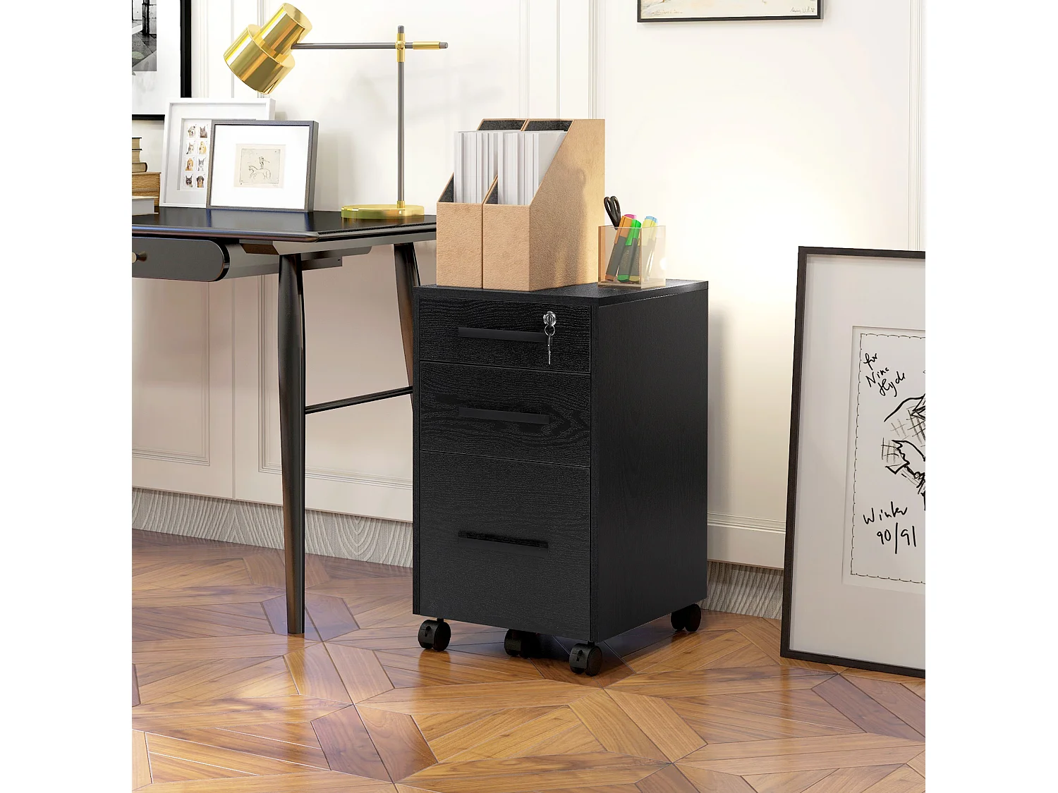 Cassettiera portadocumenti da ufficio a 3 cassetti con serratura nera