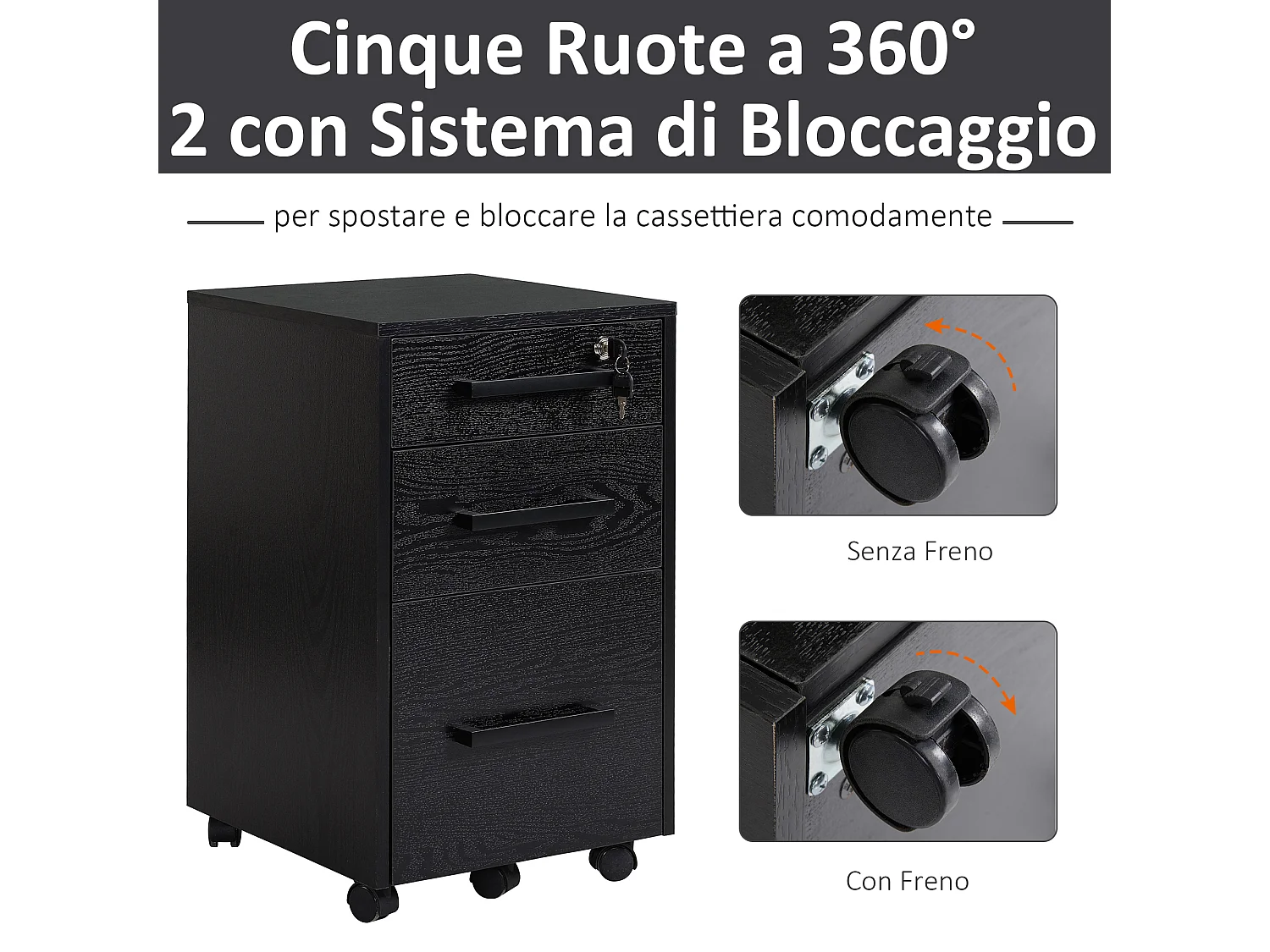 Cassettiera portadocumenti da ufficio a 3 cassetti con serratura nera