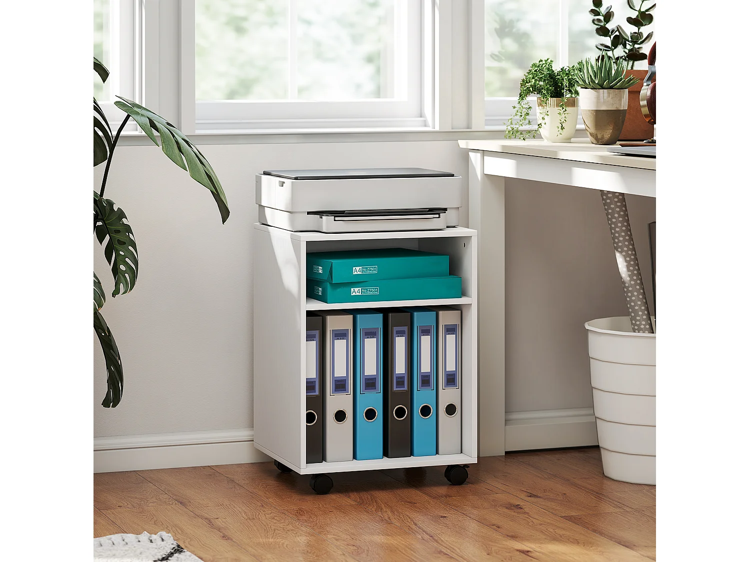 Mobile porta stampante con ruote e 2 ripiani aperti in legno bianco