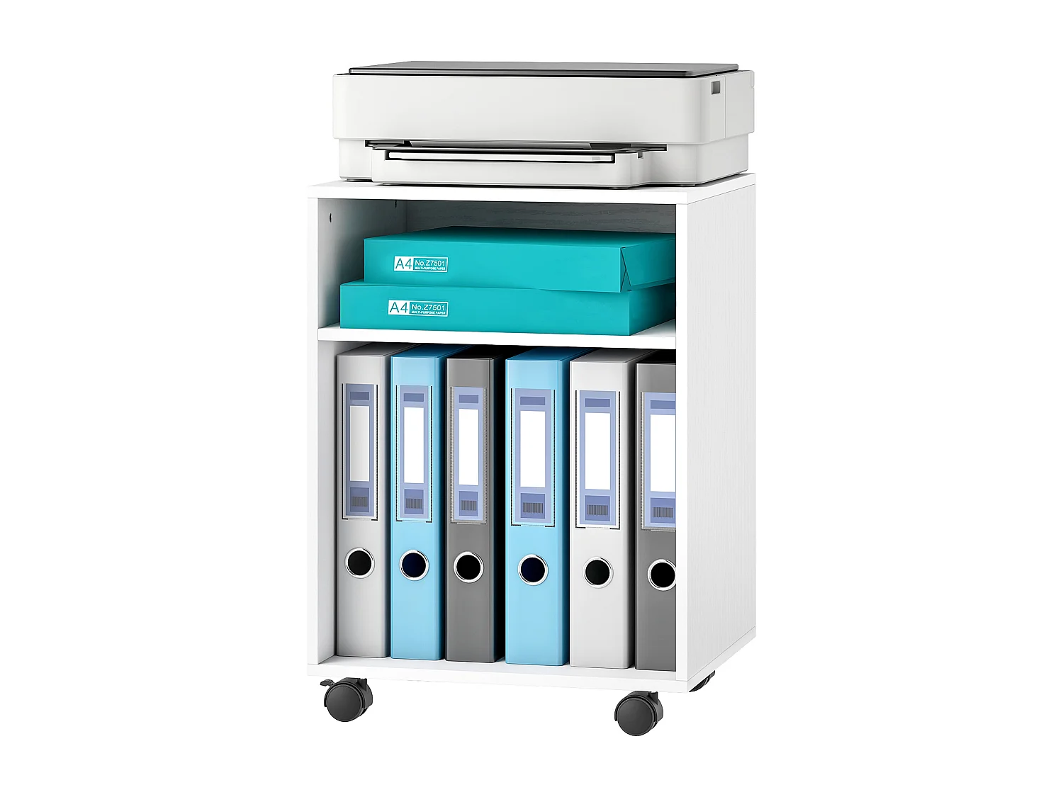 Mobile porta stampante con ruote e 2 ripiani aperti in legno bianco