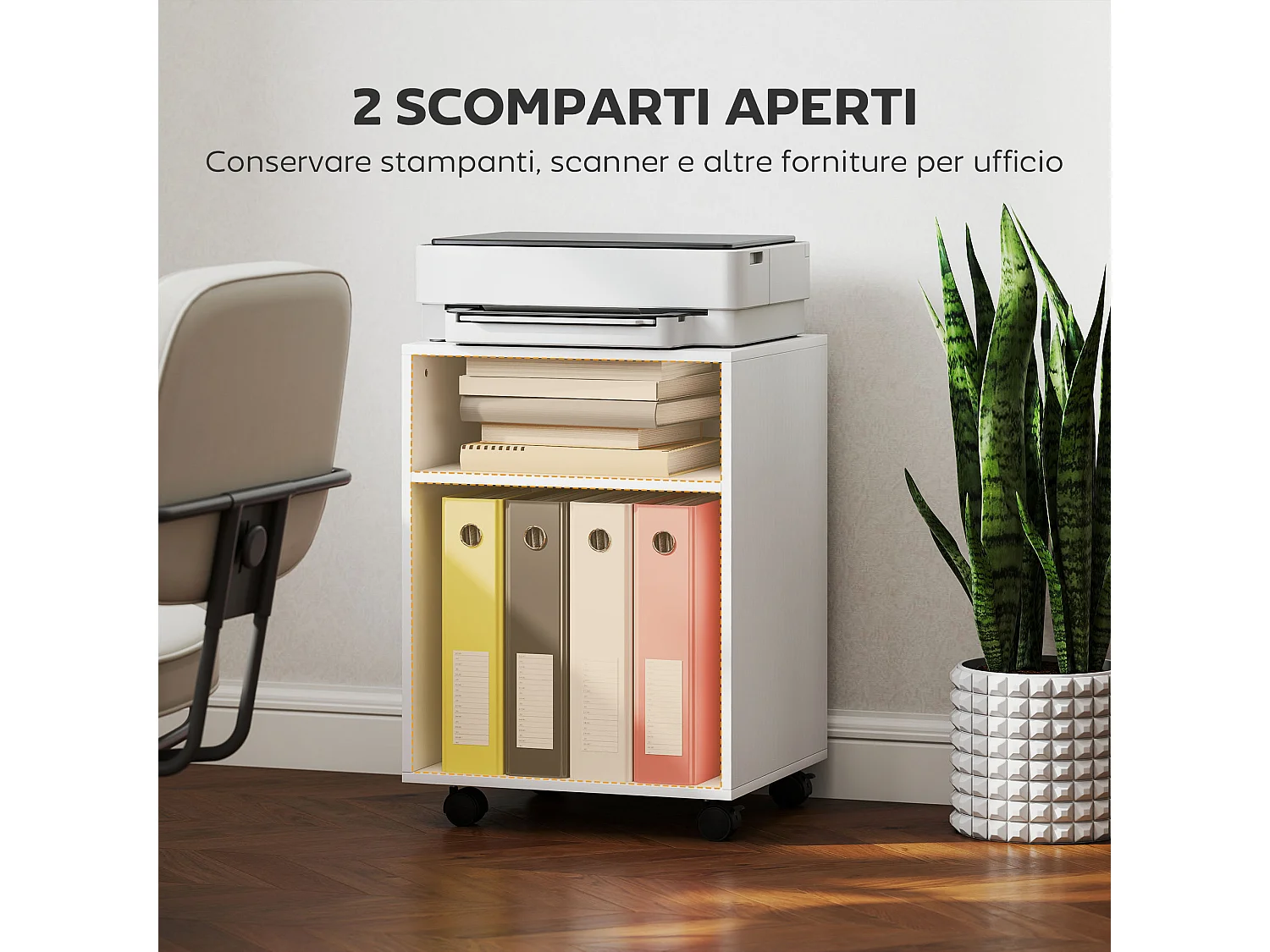 Mobile porta stampante con ruote e 2 ripiani aperti in legno bianco