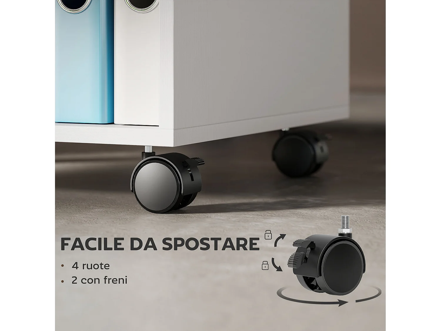 Mobile porta stampante con ruote e 2 ripiani aperti in legno bianco