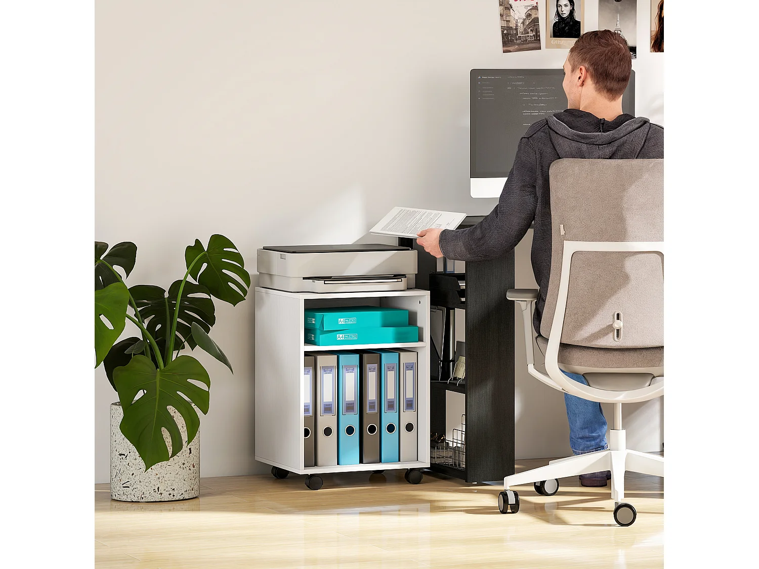 Mobile porta stampante con ruote e 2 ripiani aperti in legno bianco