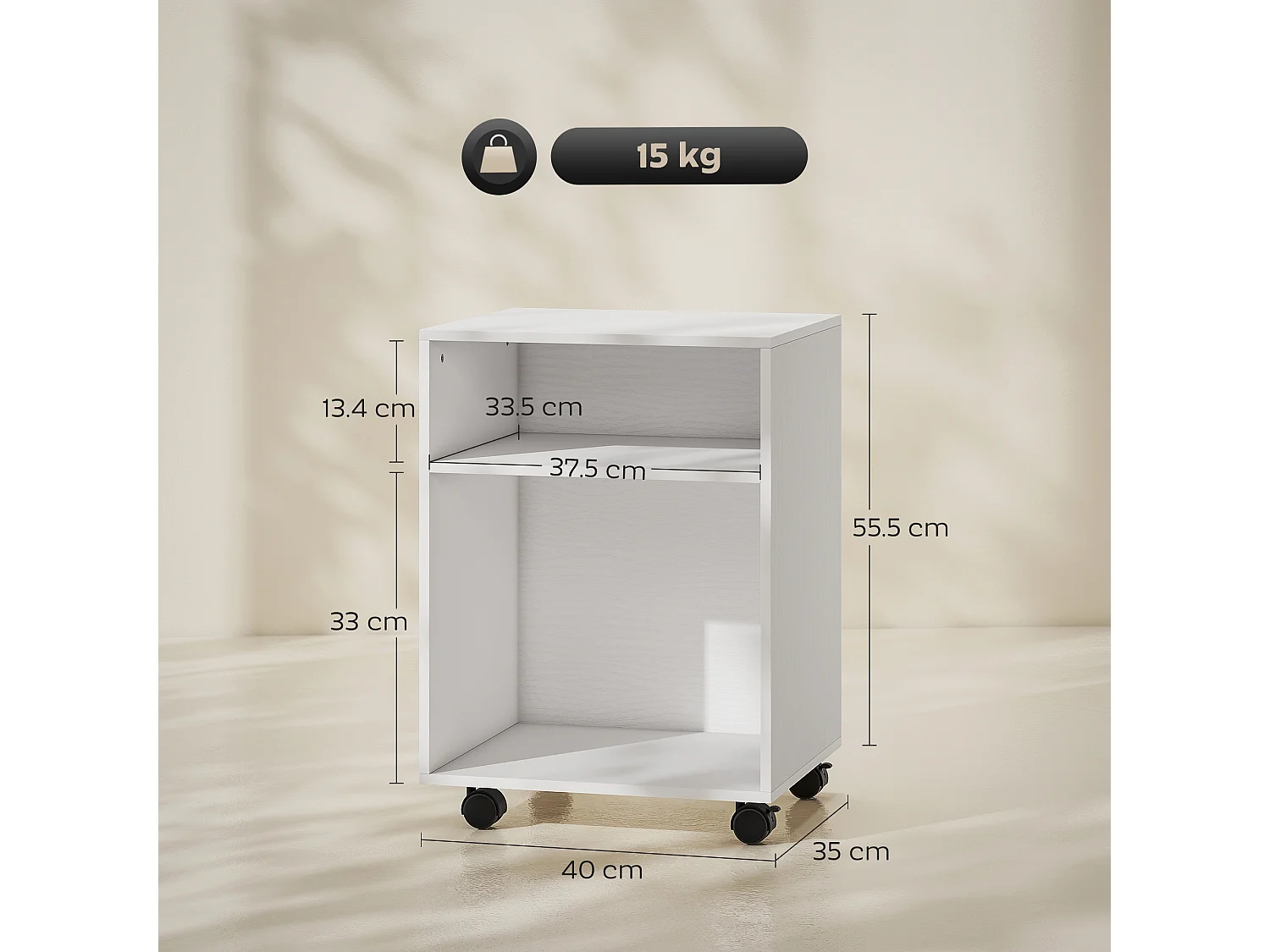 Mobile porta stampante con ruote e 2 ripiani aperti in legno bianco