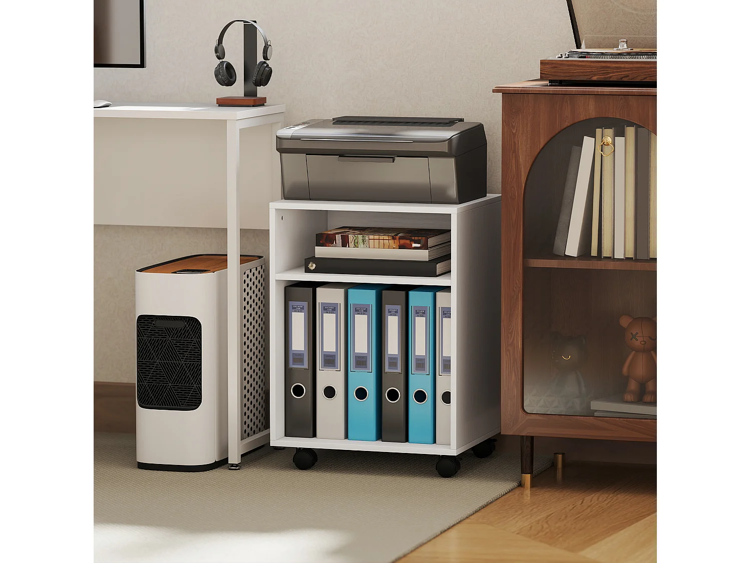 Mobile porta stampante con ruote e 2 ripiani aperti in legno bianco