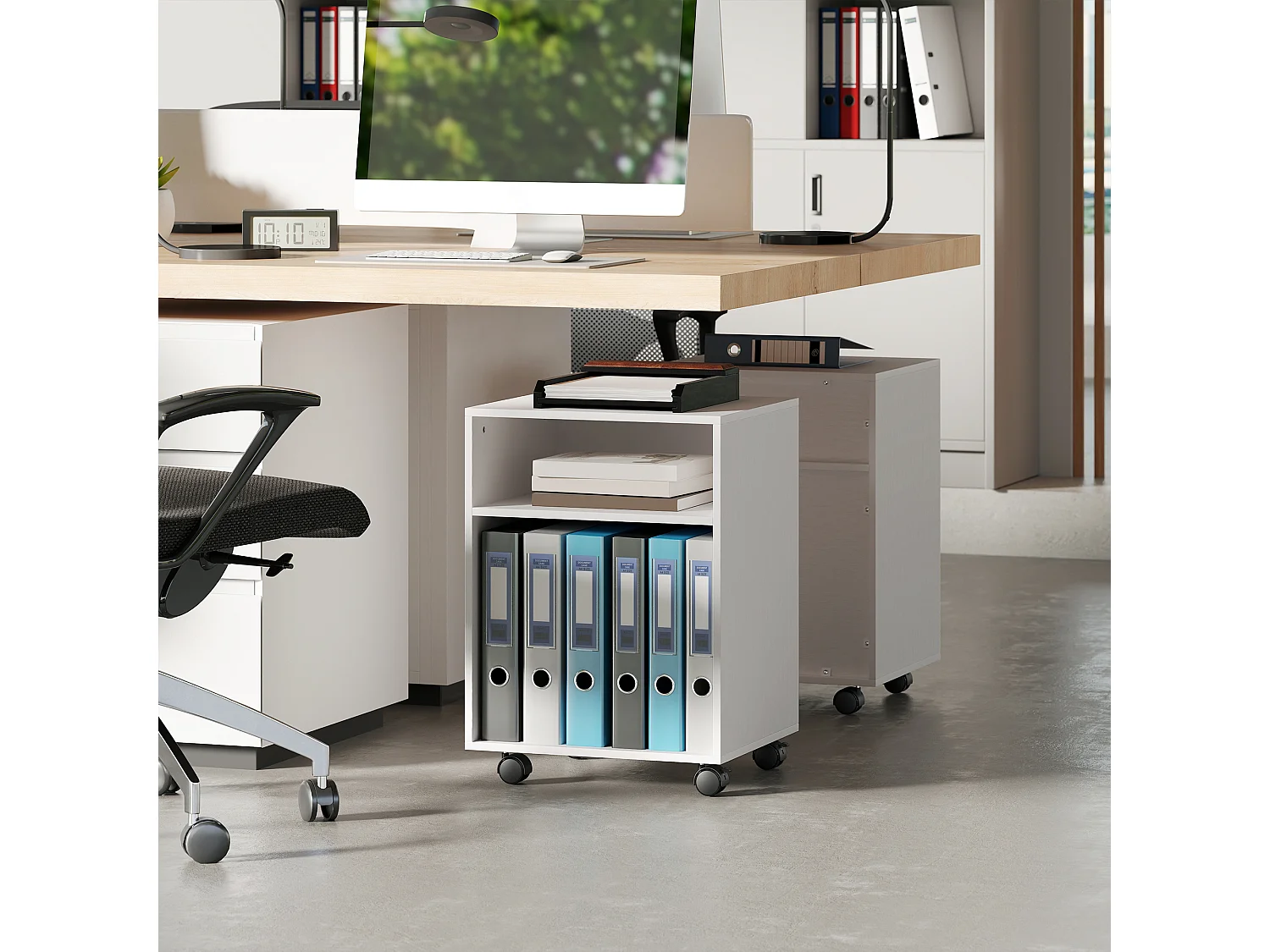 Mobile porta stampante con ruote e 2 ripiani aperti in legno bianco