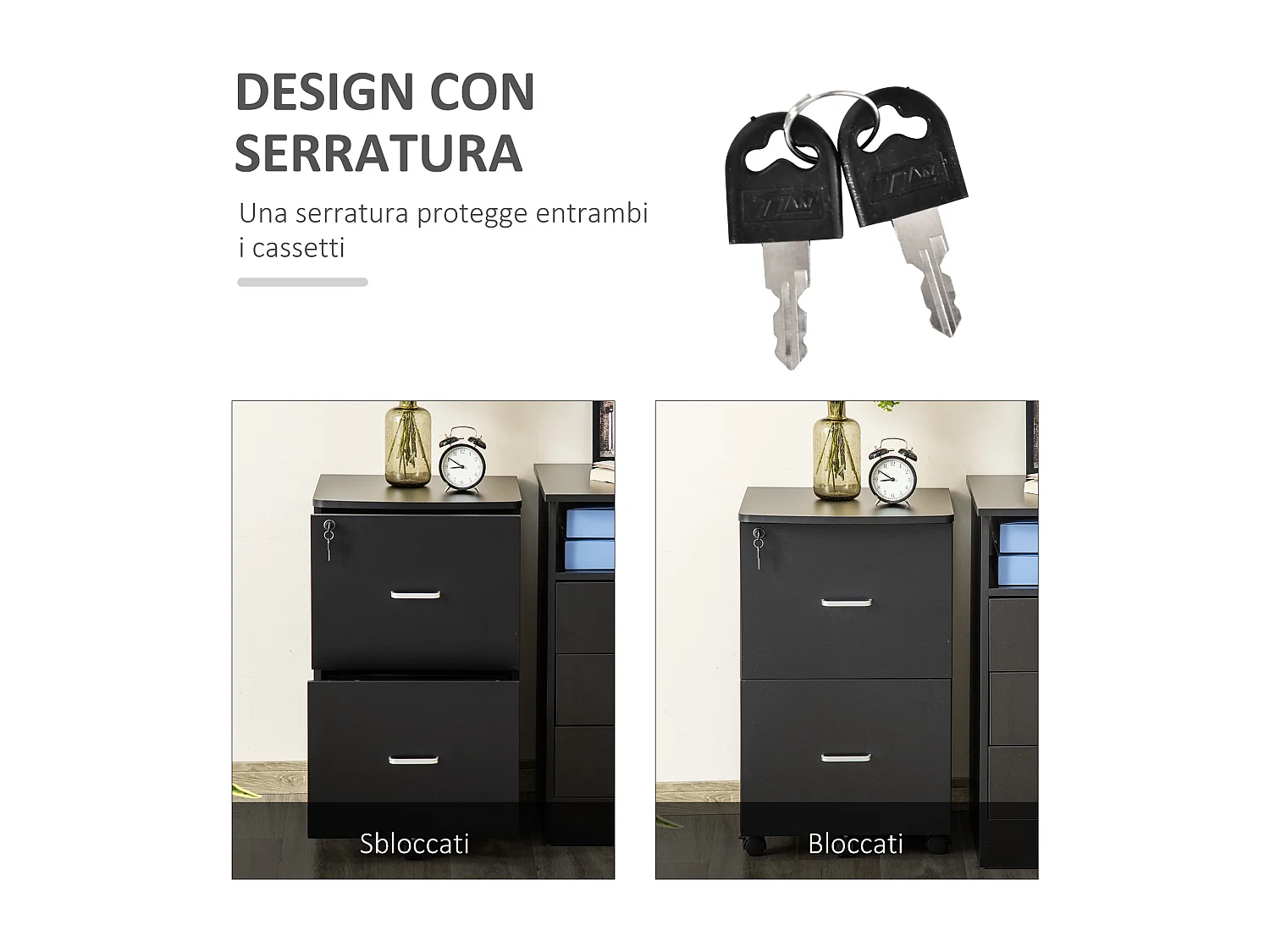 Armadietto da ufficio 2 cassetti 5 ruote in mdf e truciolato