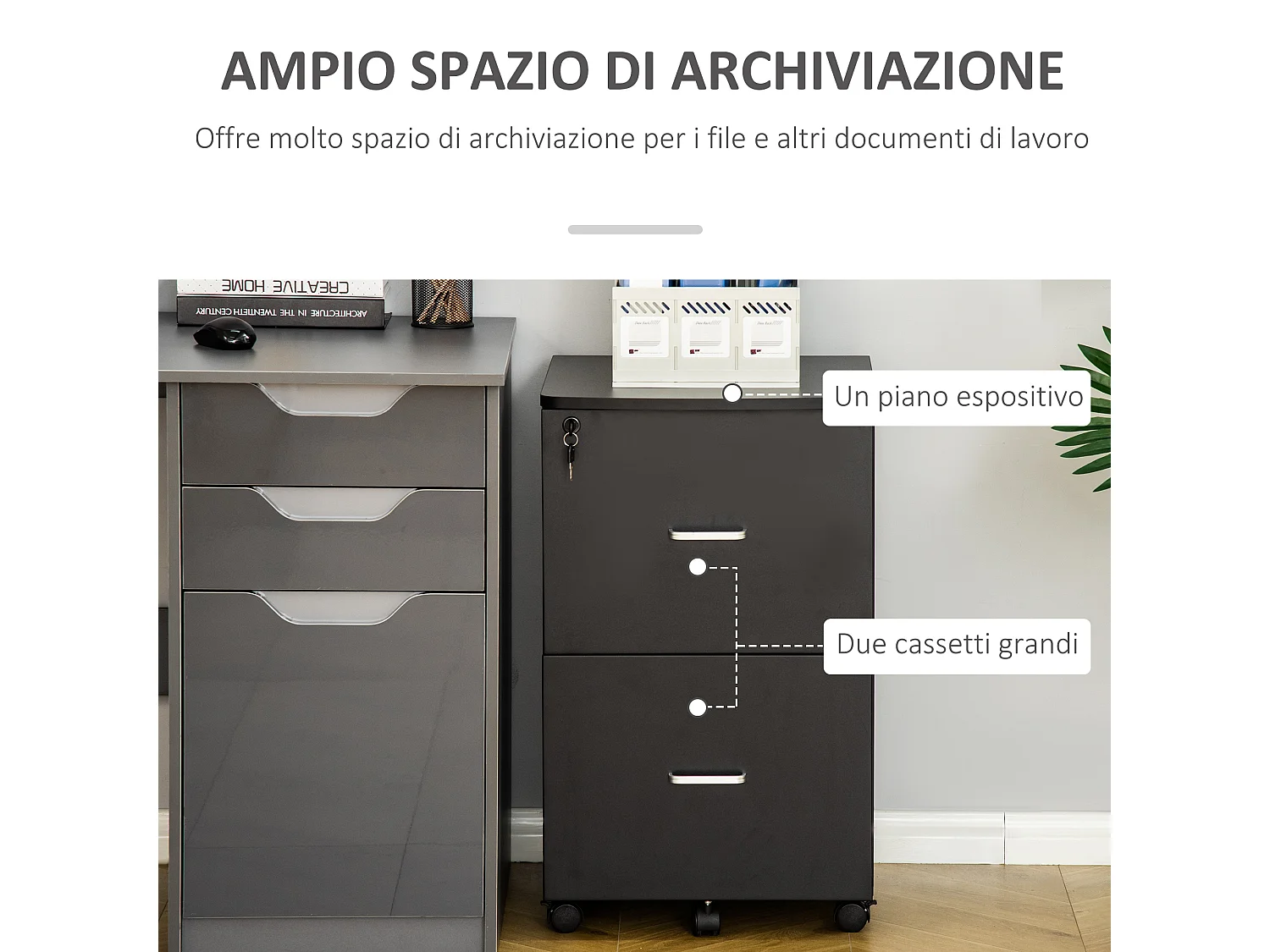 Armadietto da ufficio 2 cassetti 5 ruote in mdf e truciolato