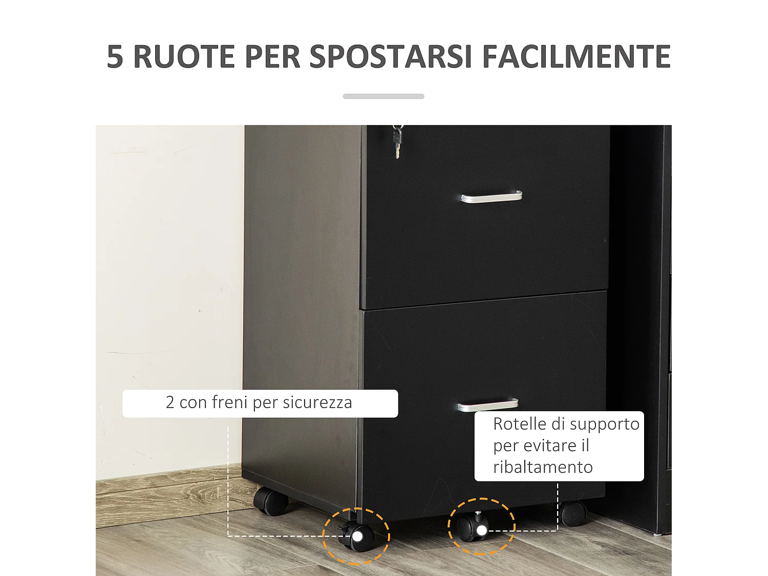 Armadietto da ufficio 2 cassetti 5 ruote in mdf e truciolato