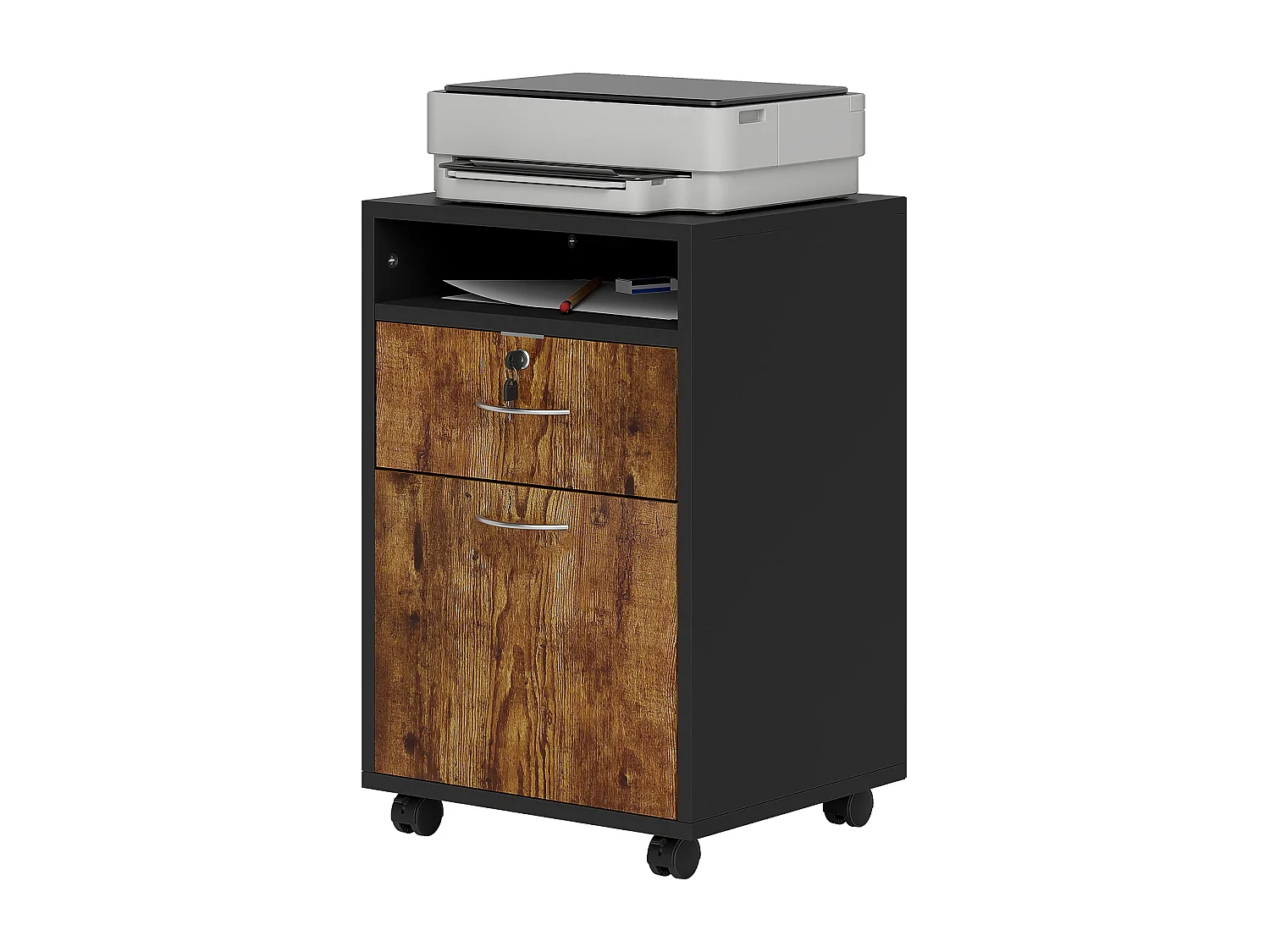 Mobiletto da ufficio con ripiano aperto cassetto e armadietto marrone