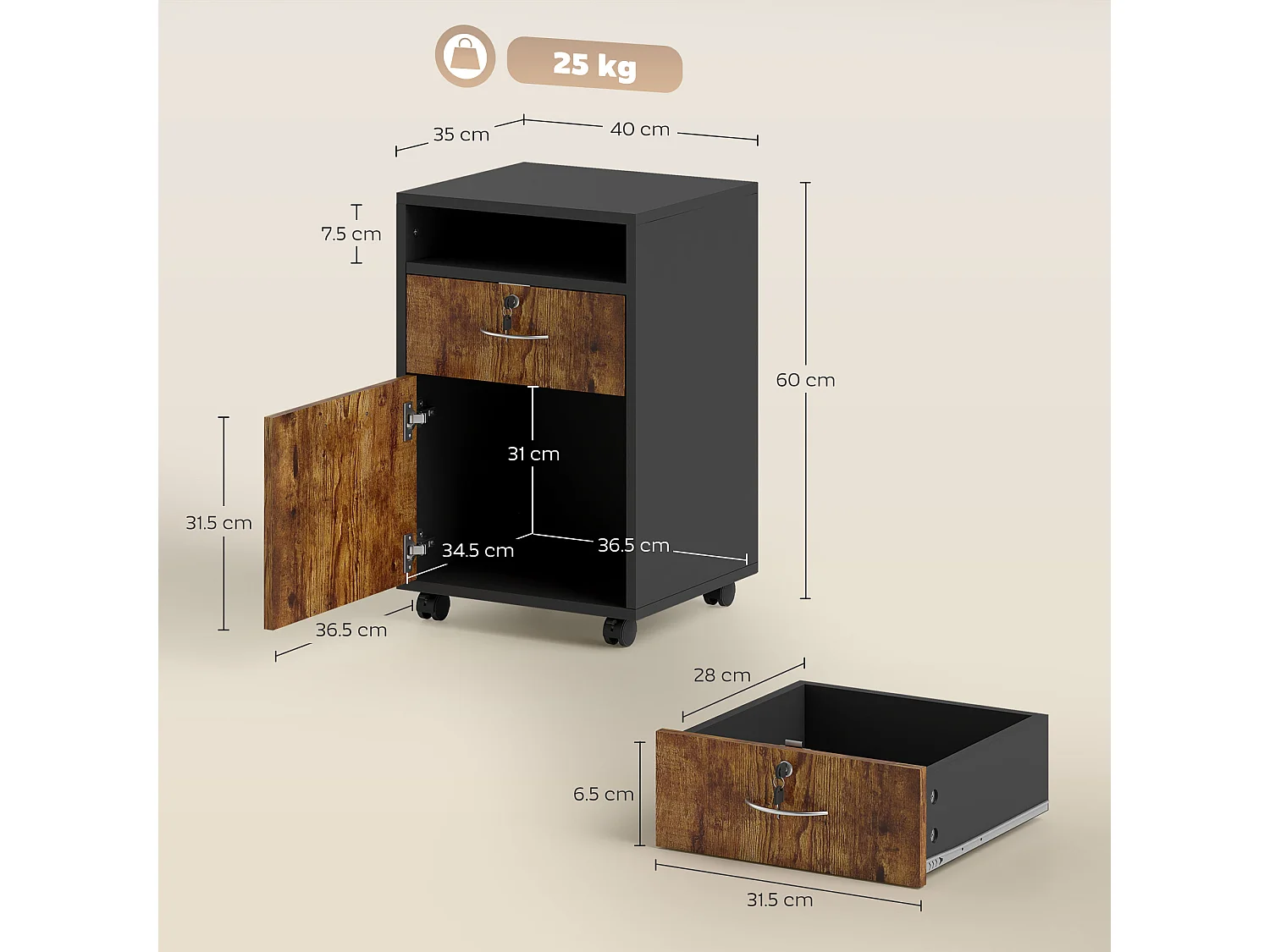 Mobiletto da ufficio con ripiano aperto cassetto e armadietto marrone