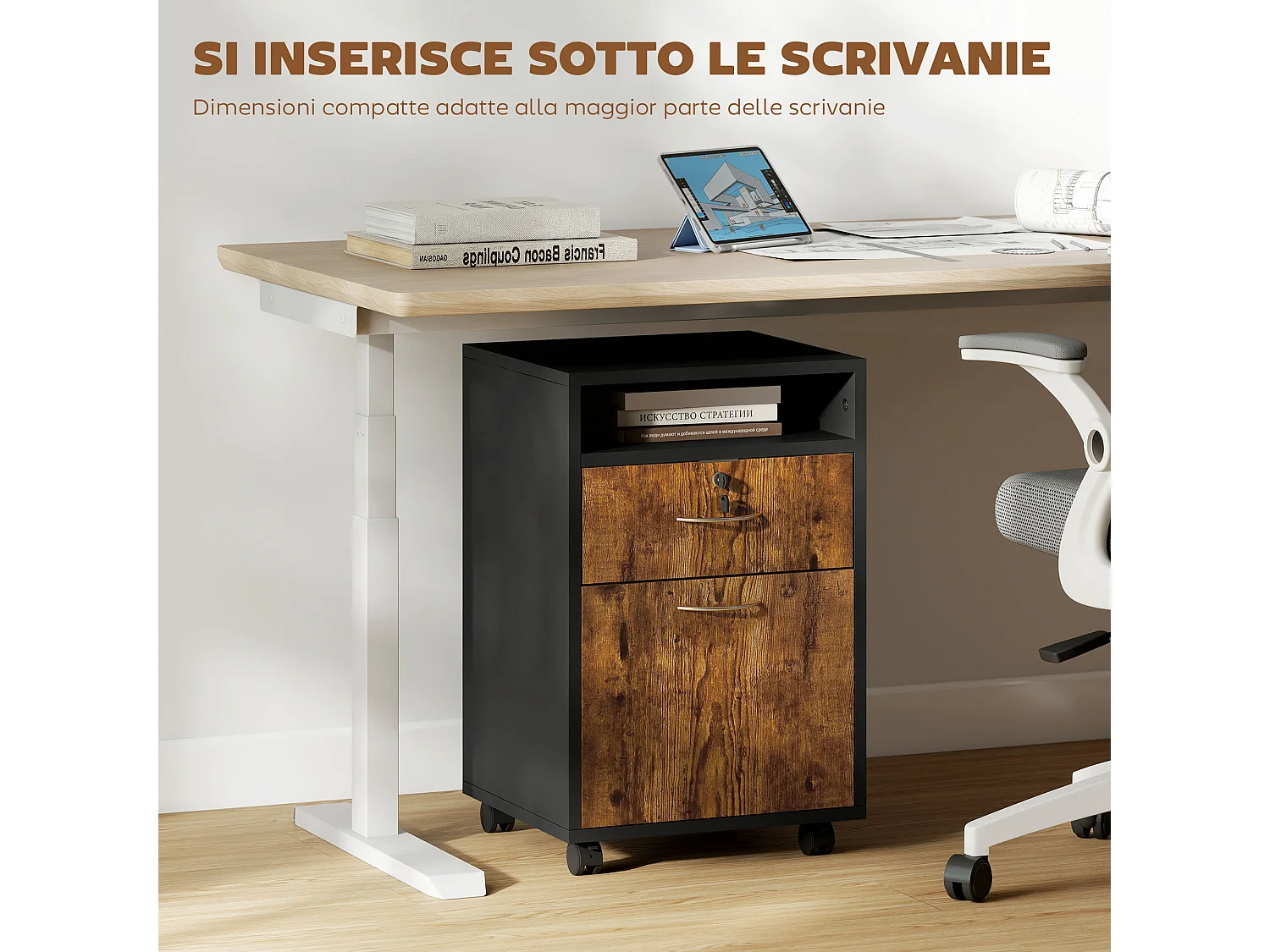 Mobiletto da ufficio con ripiano aperto cassetto e armadietto marrone