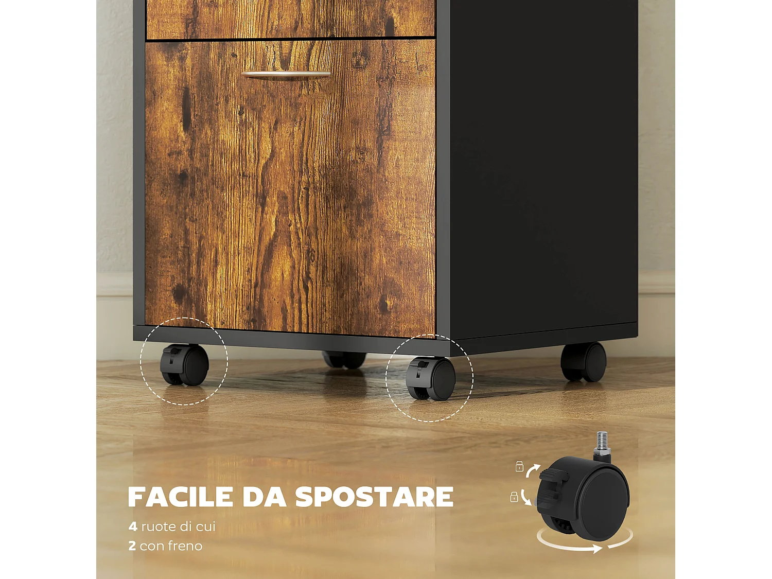 Mobiletto da ufficio con ripiano aperto cassetto e armadietto marrone