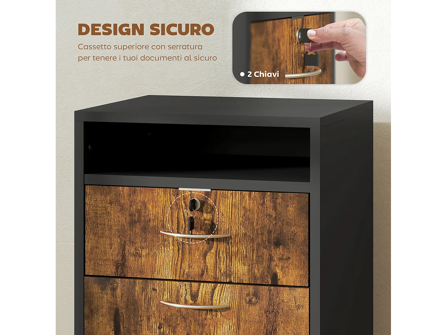 Mobiletto da ufficio con ripiano aperto cassetto e armadietto marrone